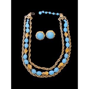 Vtg Crown Trifari Alfred Philippe Etruscan Aqua Blue Genuine Lucite Set 1960s